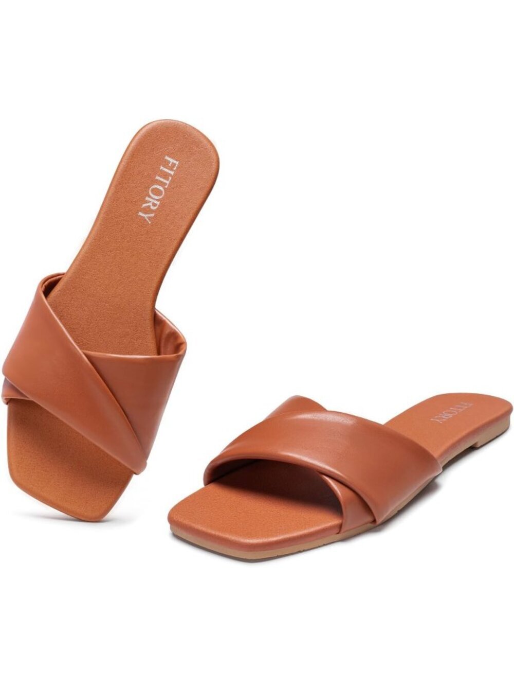 Women's All Brown Flat Square Slides With Cross Strap Soft Leather Slippers